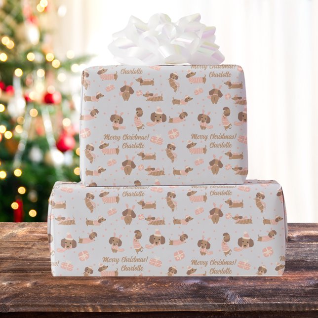 Editable Färg Rosa jul Dachshund med Namn Presentpapper (Skapare uppladdad)