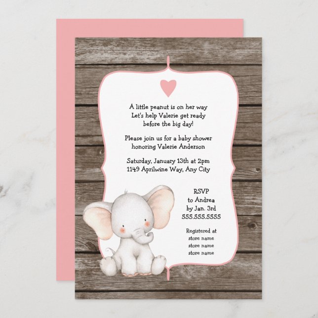 EDITABLE FÄRG rustic Girl Elephant Baby Shower Inbjudningar (Fram/baksida)