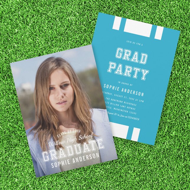 Editable Färg Varsity Photo Student Grad Party Inbjudningar (Skapare uppladdad)