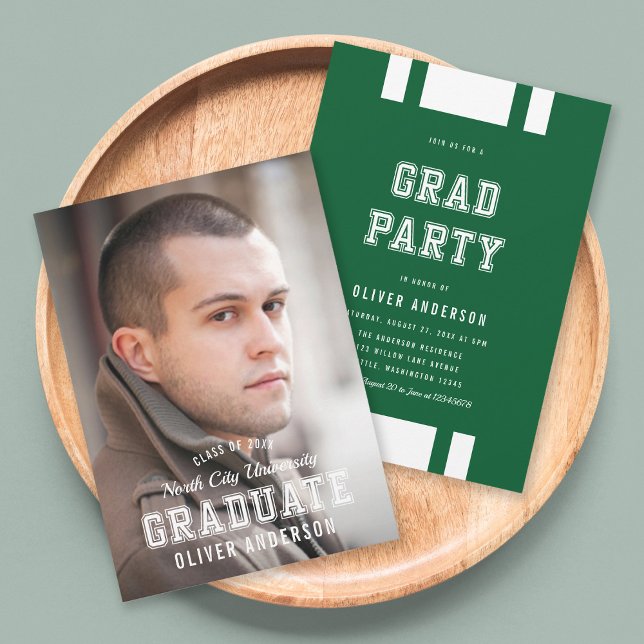 Editable Färg Varsity Photo Student Grad Party Inbjudningar (Skapare uppladdad)