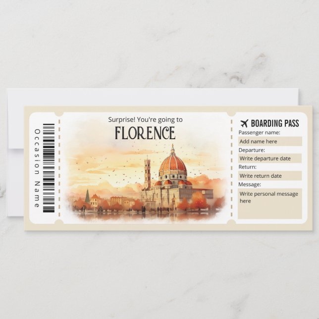 Editable Florence Flygplan biljett, Italien Resa Inbjudningar (Framsida)