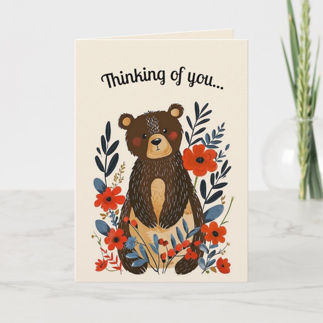 Editable Folk Art Bear and Flowers Kort (Framsida)