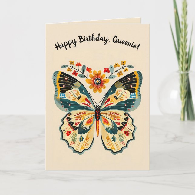 Editable Folk Art Butterfly Kort (Framsida)