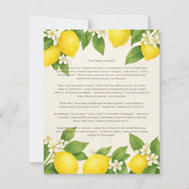 Editable Funny Limoncello Birthday Mad Libs spel (Framsida)