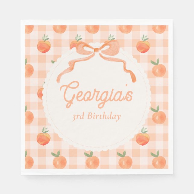 Editable Gingham Peach Party Napkins Pappersservett (Framsidan)
