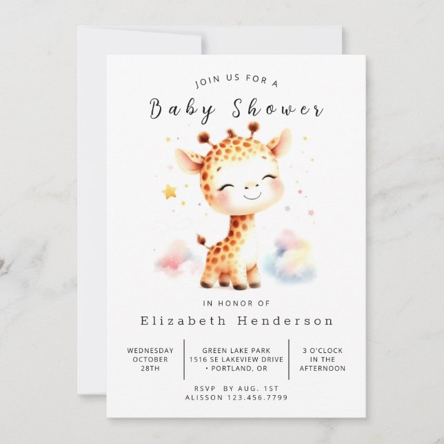 Editable Giraffe Baby Shower för vattenfärg Inbjudningar (Framsida)