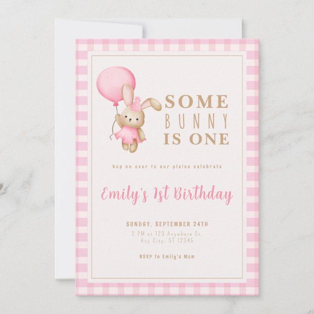 Editable Girl 1:a Birthday Rosa Printable Inbjudan (Framsida)