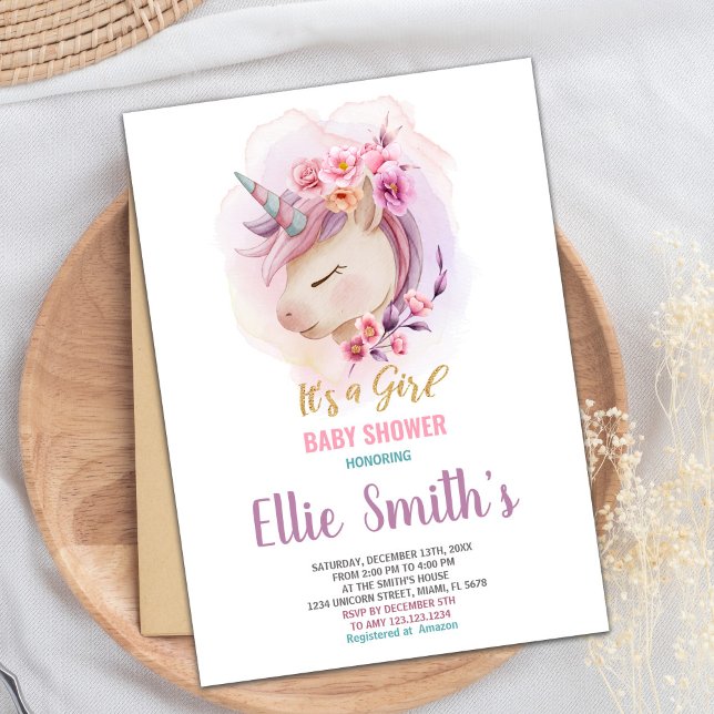 Editable Girl Baby Sprinkle eller Shower Party Car Inbjudningar (Floral Unicorn Baby Shower Invitations)