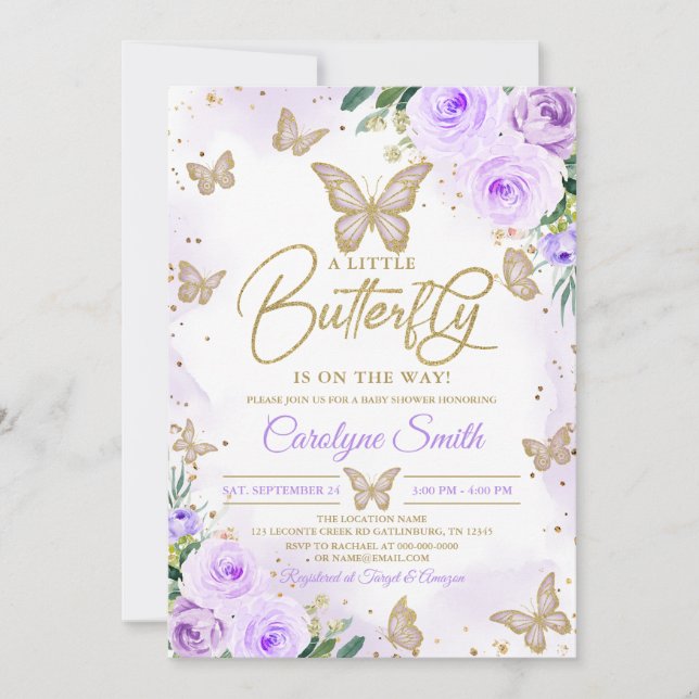 Editable Girl Lila Butterfly Baby Shower Inbjudningar (Framsida)