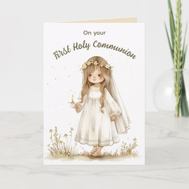 Editable Girl with Candle First Heliga Communion Kort (Framsida)