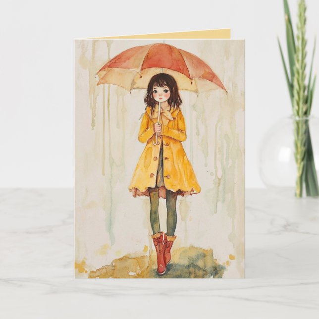 Editable Girl with Parbrella in Rain Support Kort (Framsida)