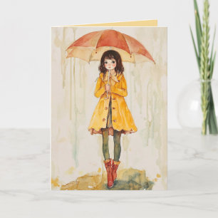 Editable Girl with Parbrella in Rain Support Kort