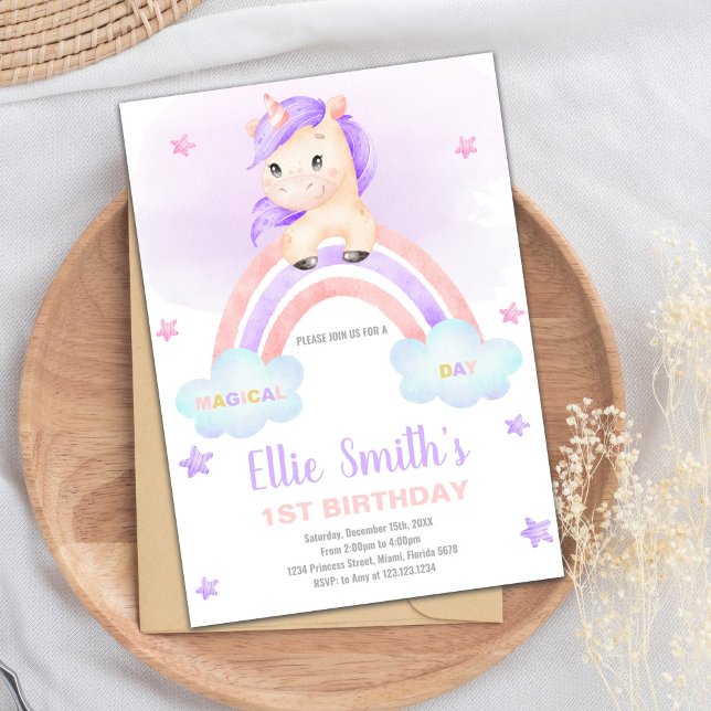 Editable Girls Fantasy Party Card med Sparkles Inbjudningar (Purple Pink Rainbow Unicorn Invitations)