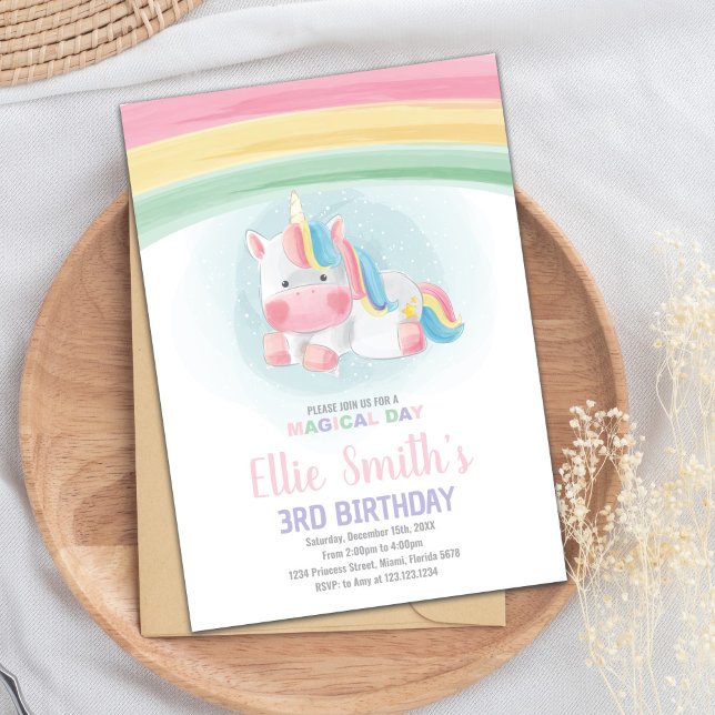 Editable Girls Fantasy Party-kort med regnbåge Inbjudningar (Watercolor Unicorn Cards)