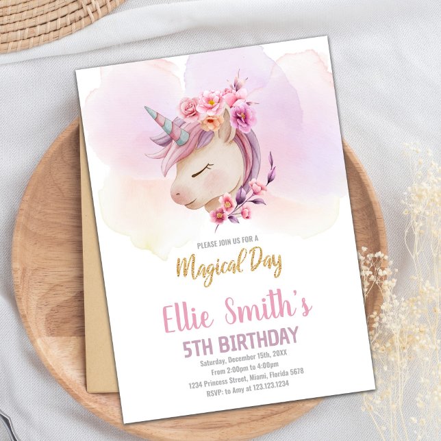 Editable Girl's Magic Party Card med Guld Accen Inbjudningar (Pink Floral Unicorn Birthday Invitations)