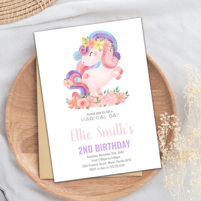 Editable Girl's Magic Party Card med regnbåge Inbjudningar (Pastil Color Unicorn Birthday Invitations)
