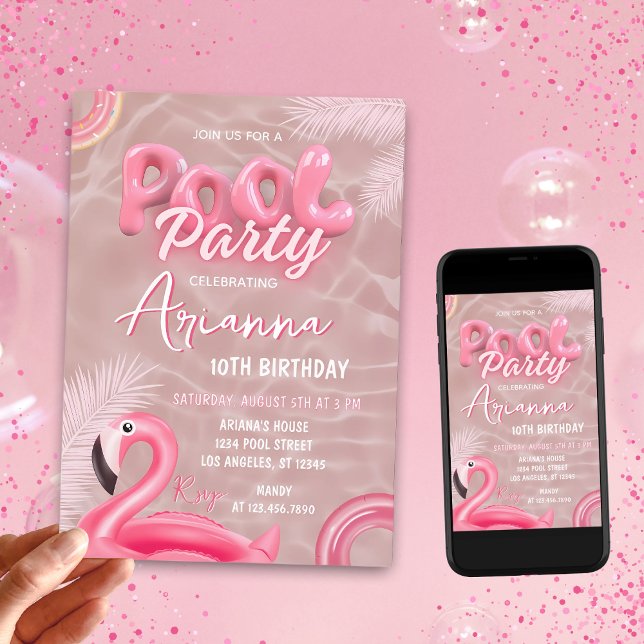 Editable Girls Rosa Bassäng Party Inbjudningar (Skapare uppladdad)