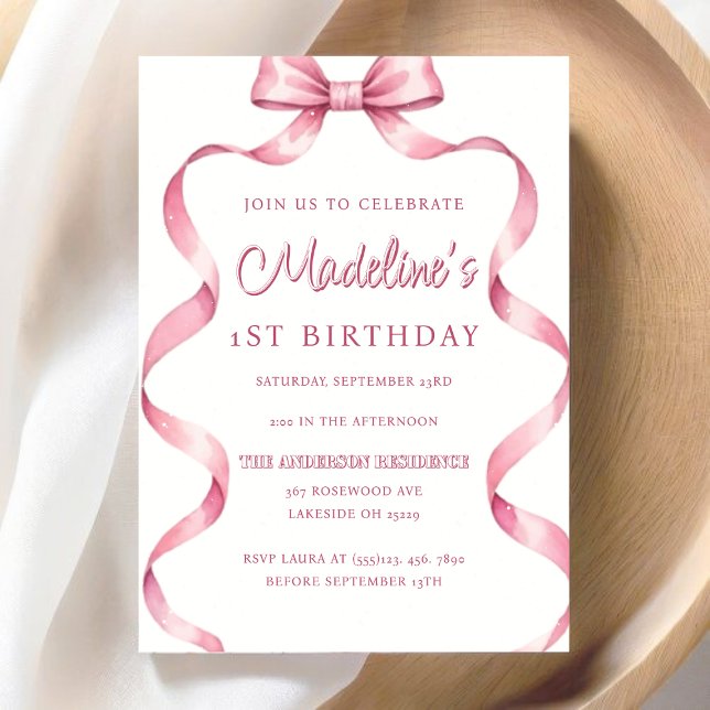 Editable Girls Rosa Coquette Bow Första födelsedag Inbjudningar (Editable Girls Pink Coquette Bow First Birthday Invitation)