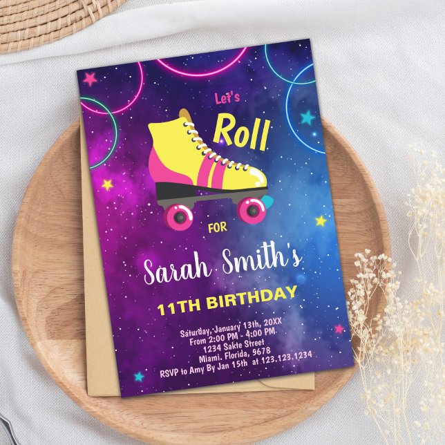 Editable Girls Skate Party Inbjudan (Purple Pink Roller skating invitations)