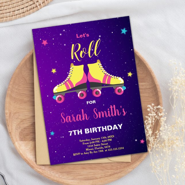 Editable Girls Skate Party Inbjudan (Pink Roller birthday invitations)