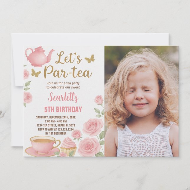 Editable Girl's Tea Party Inbjudan med foto (Framsida)