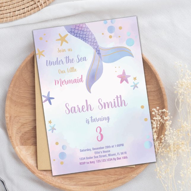 Editable Girls under Sea Party Card Inbjudningar (Purple Pink Mermaid Birthday Invitation)