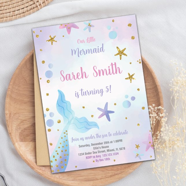 Editable Girls under Sea Party Card med Ocean Inbjudningar (Blue Mermaid Birthday Invitation)