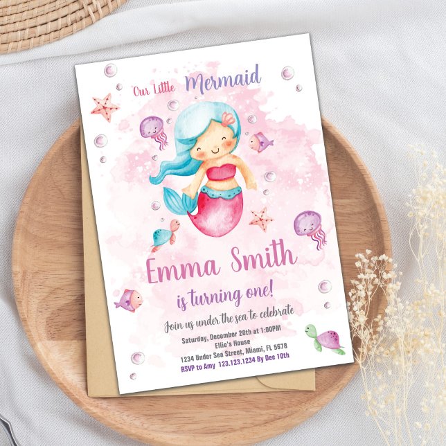 Editable Girls under Sea Party Card med Vatten Inbjudningar (Pink Cloud Mermaid Birthday Invitation)