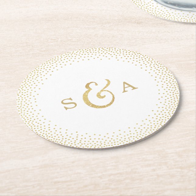 Editable Glam faux guld glitter bröllop monogram Underlägg Papper Rund (Vinklad)