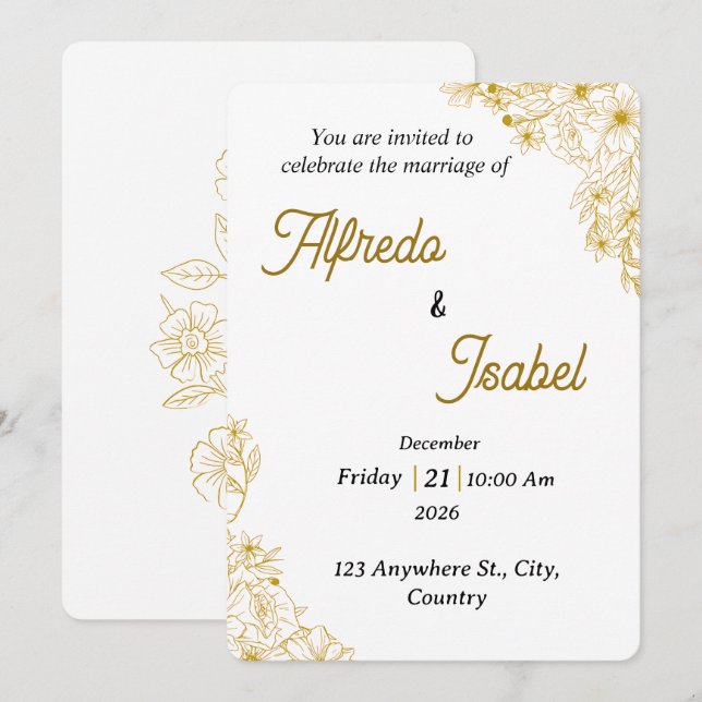 Editable Gold Floral Wedding Invitation Template Inbjudningar (Fram/baksida)