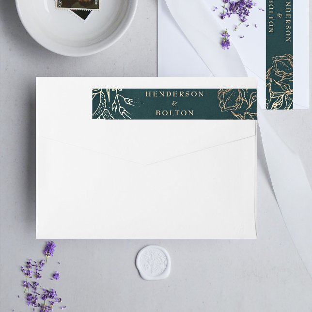 Editable Gold Foil & Emerald Grönt Wandan Bröllop Etikettband (Skapare uppladdad)