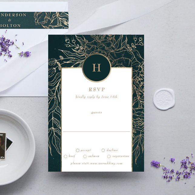 Editable Gold Foil & Emerald Grönt Wandend Monogra OSA Kort (RSVP showcasing suite - additional items (bought separately))