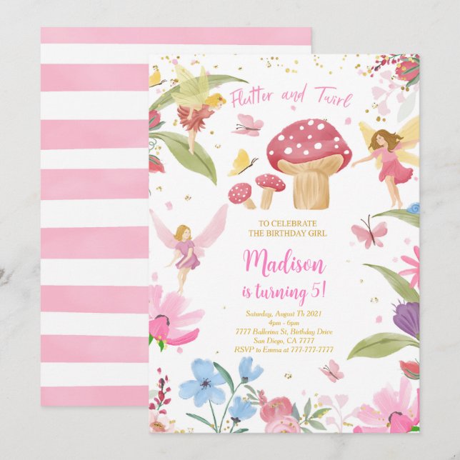 Editable Golden Fairy Birthday Inbjudningar (Fram/baksida)