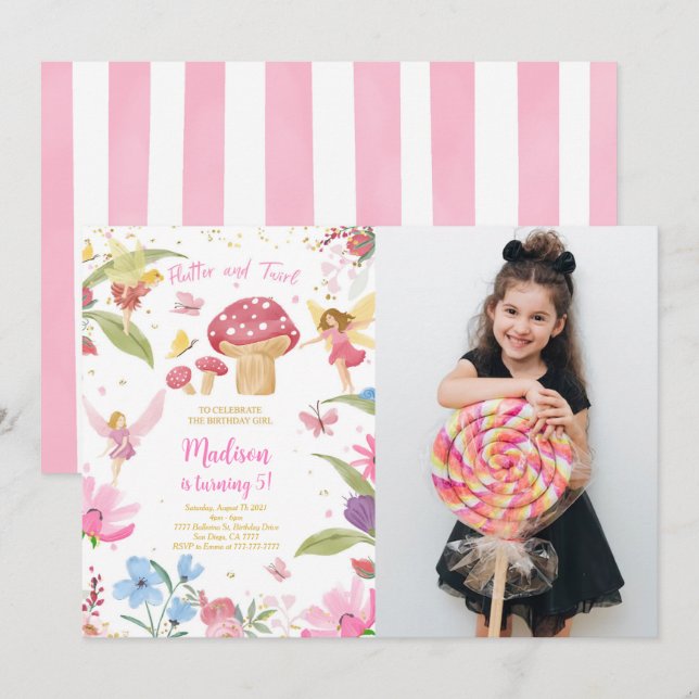 Editable Golden Fairy Birthday Photo Inbjudningar (Fram/baksida)