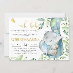 EDITABLE Greenery Elephant Baby Shower Inbjudningar