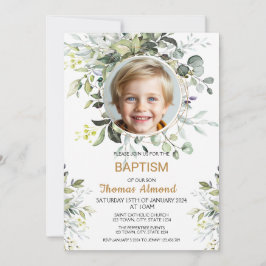 Editable Greenery Photo Baptism Invitation Boy Inbjudningar