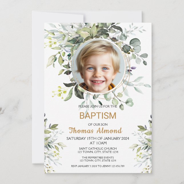Editable Greenery Photo Baptism Invitation Boy Inbjudningar (Framsida)