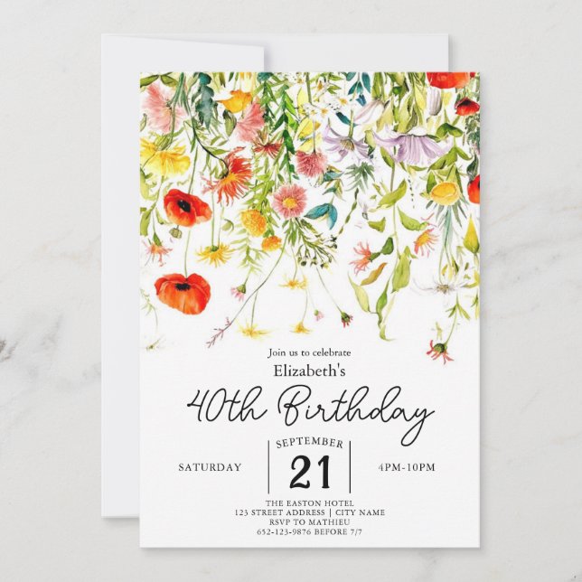 Editable Greenery Wildbloms 40-årsdag Inbjudningar (Framsida)