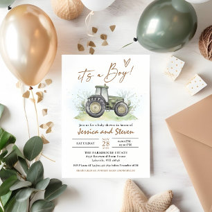 EDITABLE Grönt Tractor Baby Shower Ranch-grupp Inbjudningar