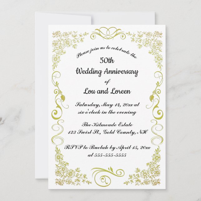 Editable Guld Heart Flowers Löv Swirl Inbjudningar (Framsida)