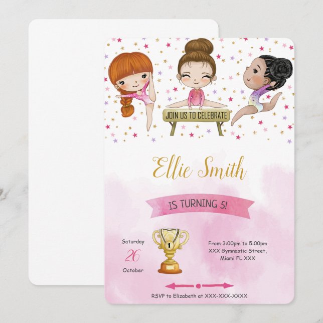 Editable Gymnastics Birthday-inbjudan Inbjudningar (Fram/baksida)