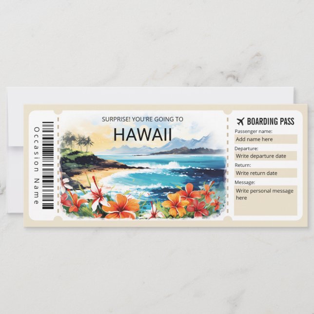 Editable Hawaii Flygplan Boarding Pass Biljett Inbjudningar (Framsida)