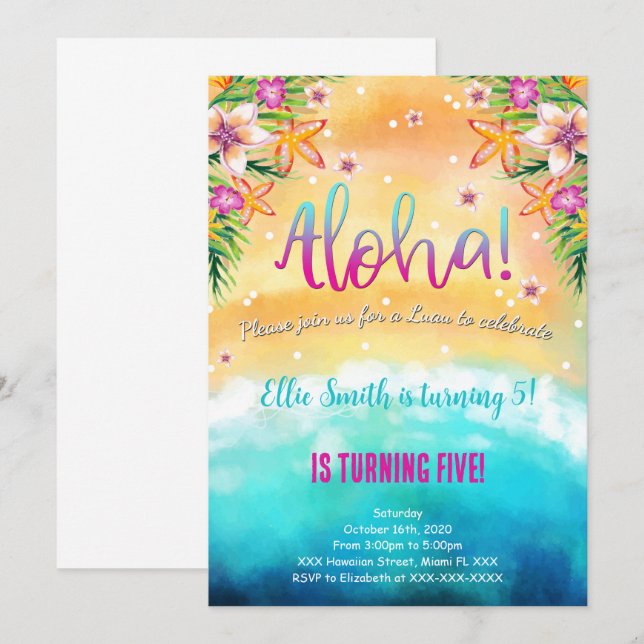 Editable Hawaiian Birthday Kids-inbjudan Inbjudningar (Fram/baksida)