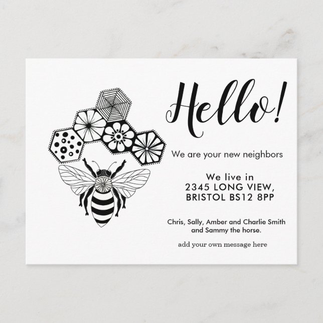 Editable Hello Neighbor,  New Address, Bee Meddelande Vykort (Framsida)