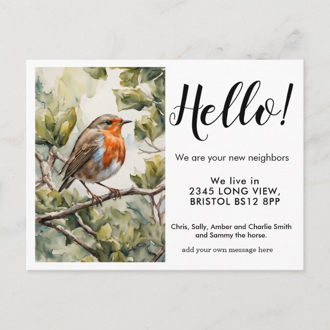 Editable Hello Neighbor,  New Address, Robin Meddelande Vykort (Framsida)