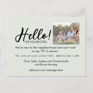 Editable "Hello Neighbor" Postcard | New Address, Meddelande Vykort