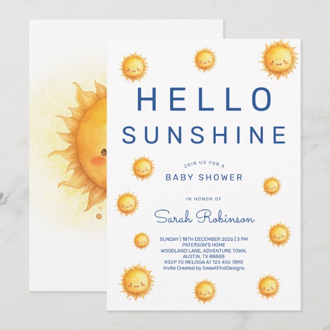 Editable Hello Sunshine Baby Shower Inbjudningar (Fram/baksida)