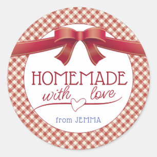 Editable Homemade med Kärlek Red Bow och Gingham Runt Klistermärke