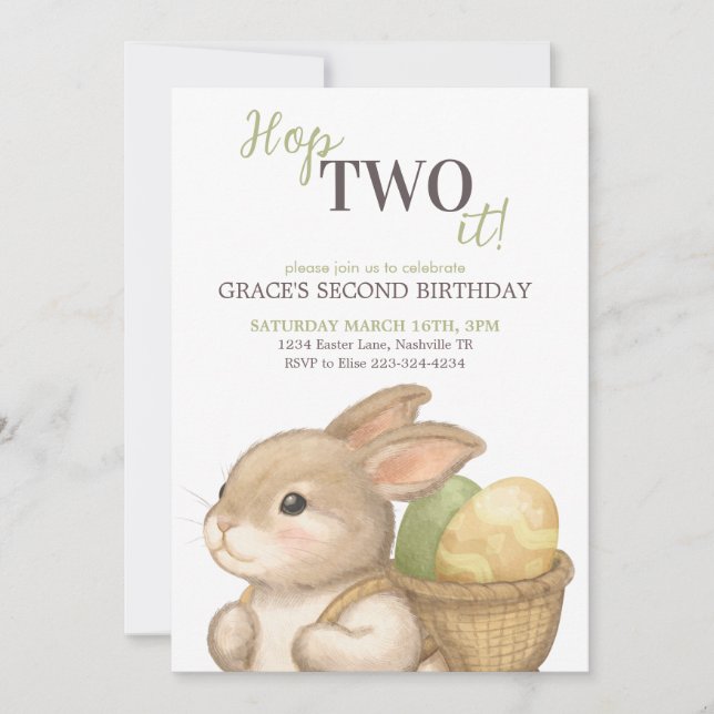 Editable Hop Two It Easter 2nd Birthday Bunny Inbjudningar (Framsida)