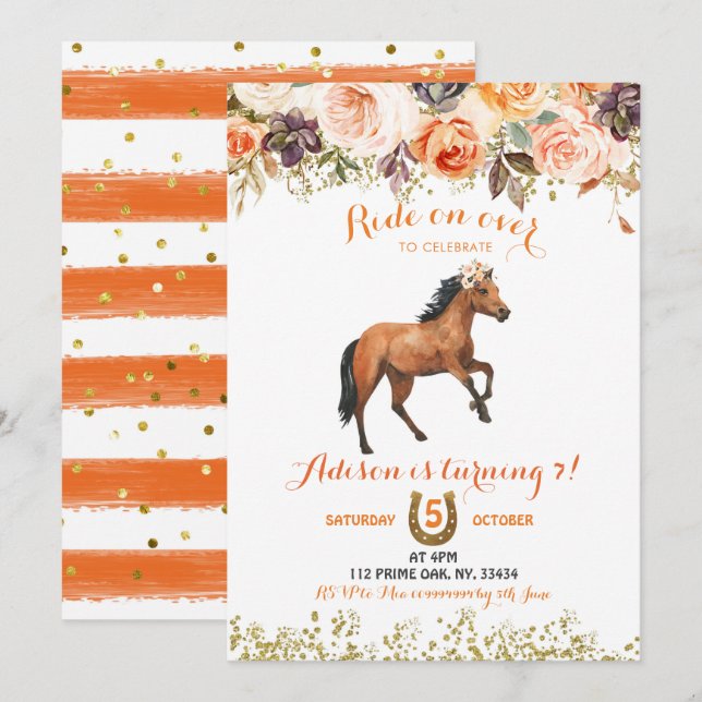 Editable Horse Cowgirl Birthday-inbjudan Inbjudningar (Fram/baksida)